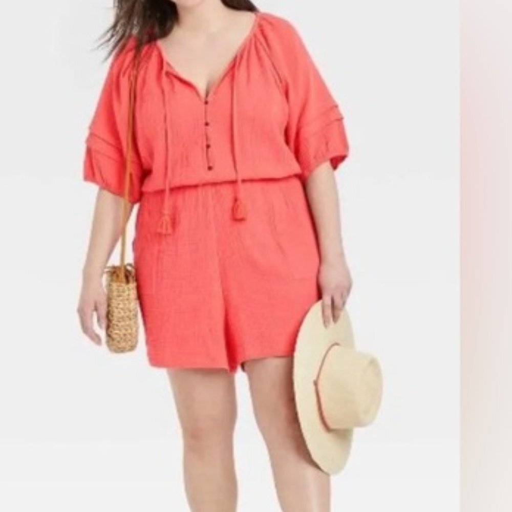 Knox Rose Summer Short Sleeve Romper in Orange Size: 2XL